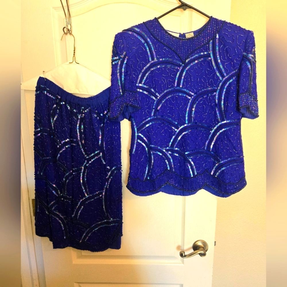 Laurence Kazar 2-piece formal skirt and blouse in sapphire blue with beading.